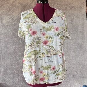 Cynthia Rowley Cream V-Neck Tropical Print Tee with Pink & Green Accents